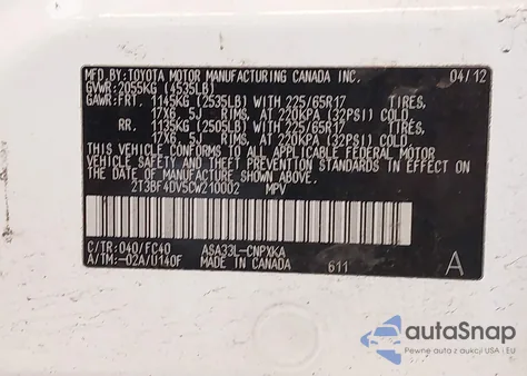 2012 Toyota Rav4 from USA, damaged, VIN 2T3BF4DV5CW210002